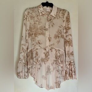 LC Lauren Conrad Cream Blush Floral Ruffle Button-Up Tunic